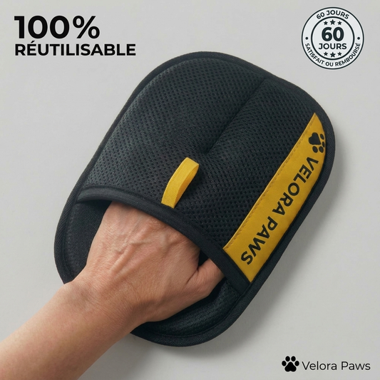 Gant anti-poils Velora Paws porte a la main, 100 % reutilisable