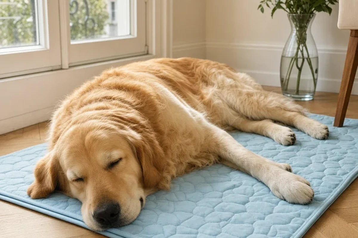Chien couché sur le tapis Velora CoolMat dans un salon